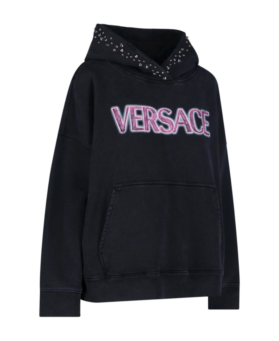 Versace Stud-embellished Logo Cotton Hoodie In Black