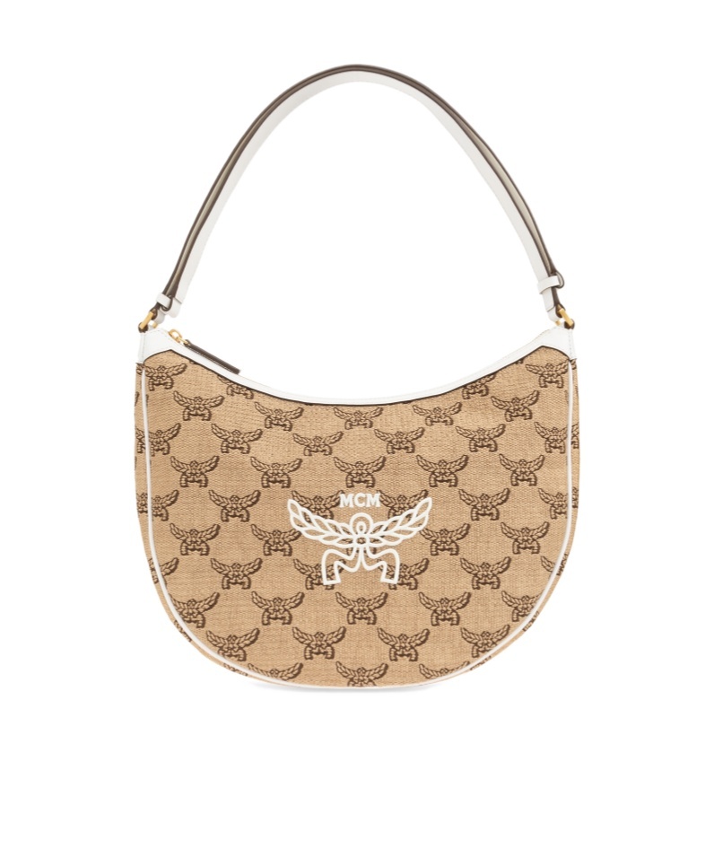 Mcm Women Embroidered Raffia Himmel Ascending Moon Shoulder Bag In Nude