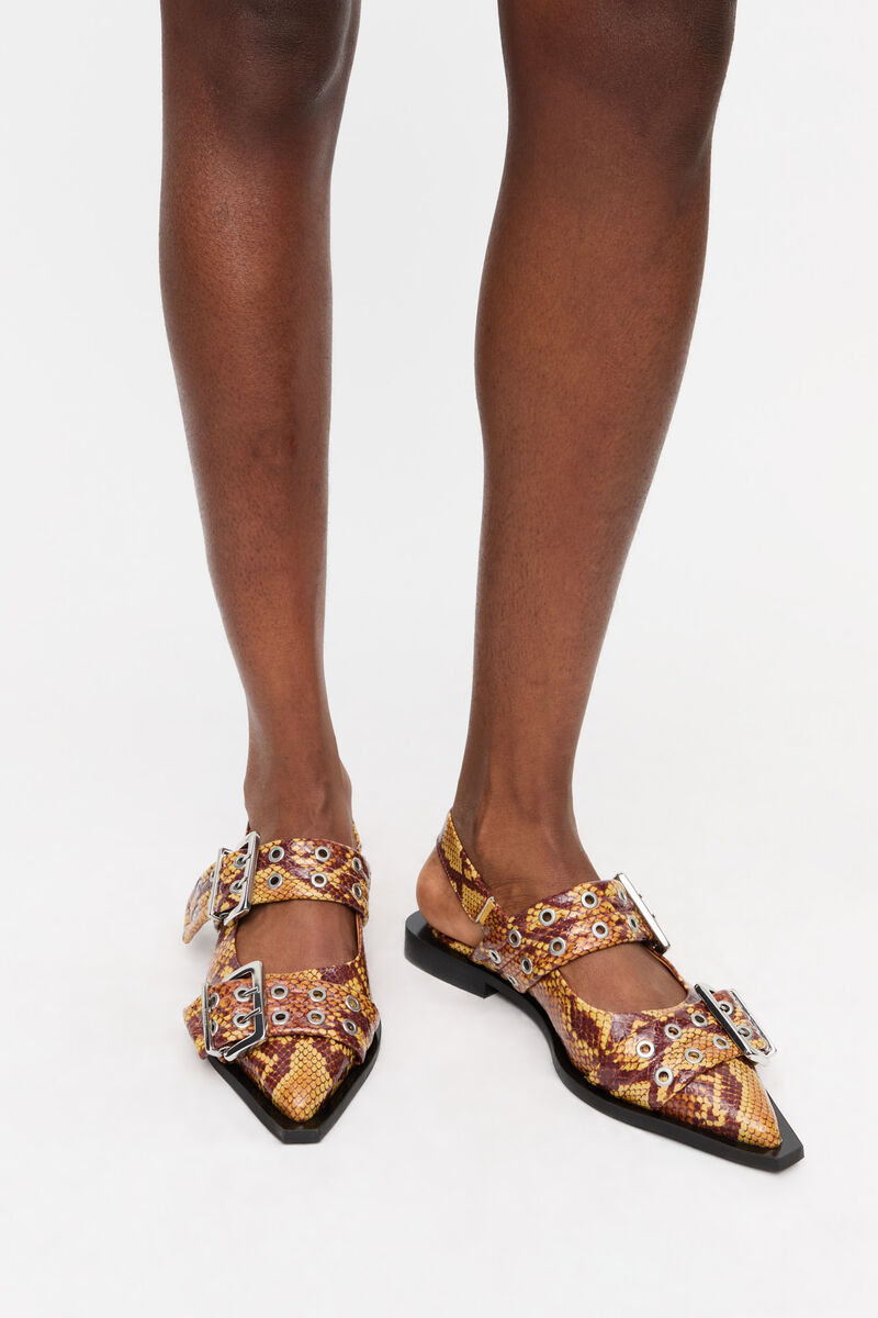 Ganni Brown Snake Feminine Buckle Flats In Brown