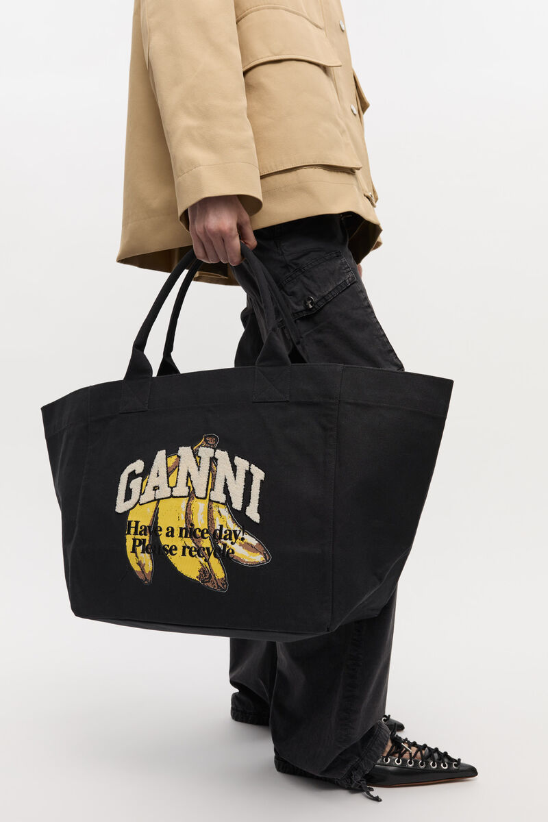 Ganni Black Xxl Banana Print Tote