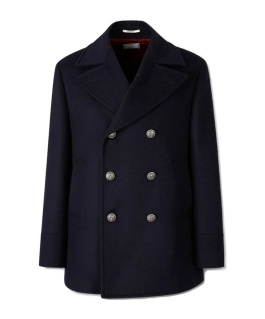 Brunello Cucinelli Navy Blue Double Flannel Caban Blazer In Black
