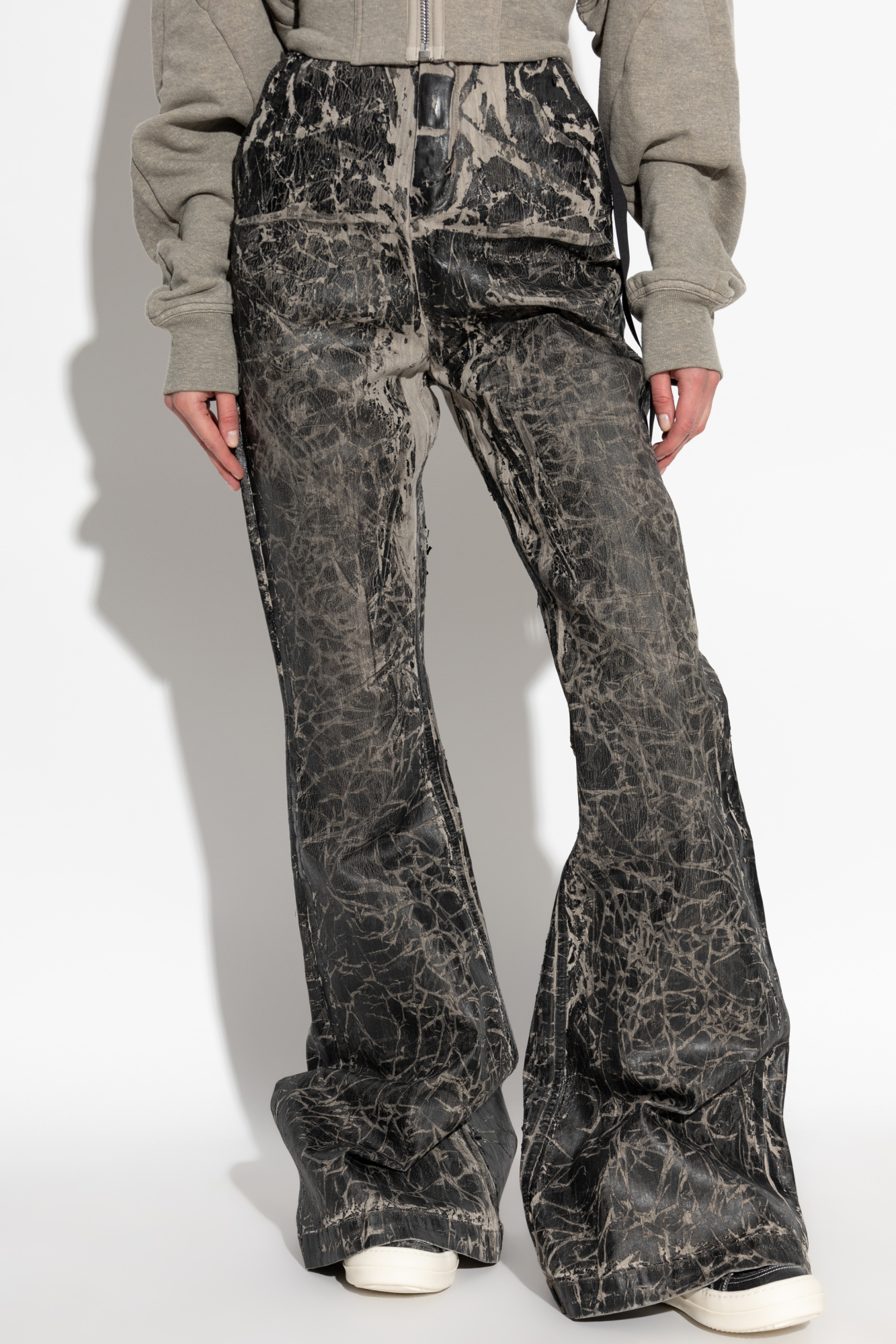 Rick Owens Drkshdw Crackle-effect Flared Trousers In Gray