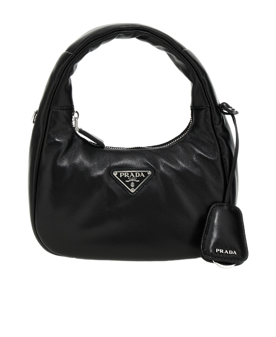 Prada Enamel Triangle-logo Leather Shoulder Bag In Black