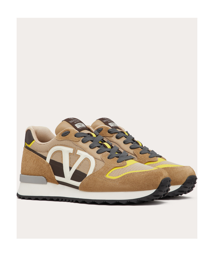 Shop Valentino Vlogo Pace Low-top Sneaker In Split Leather, Fabric And Calf Leather In Brown