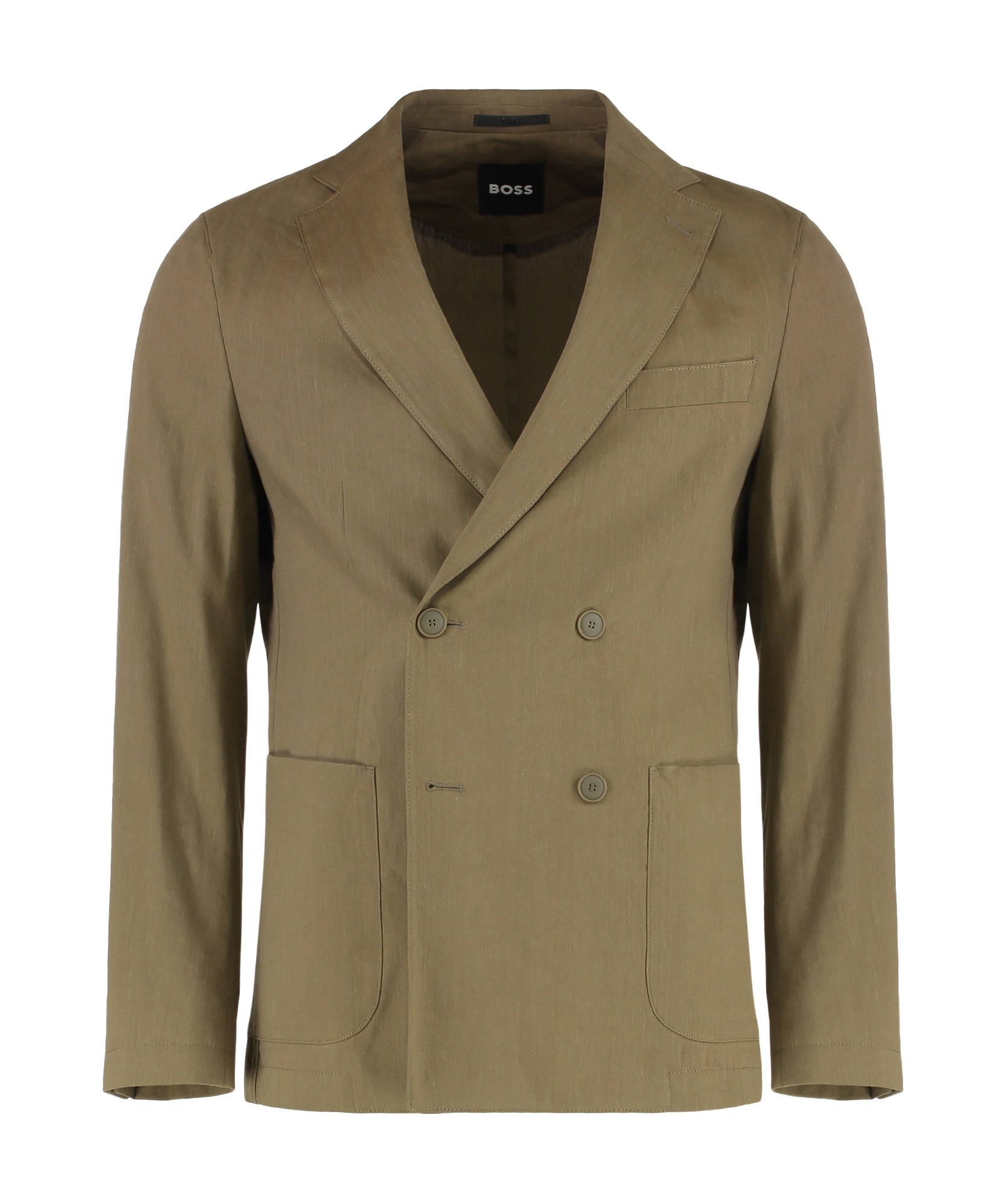 Hugo Boss Boss Double-breasted Linen Blend Jacket In Khaki