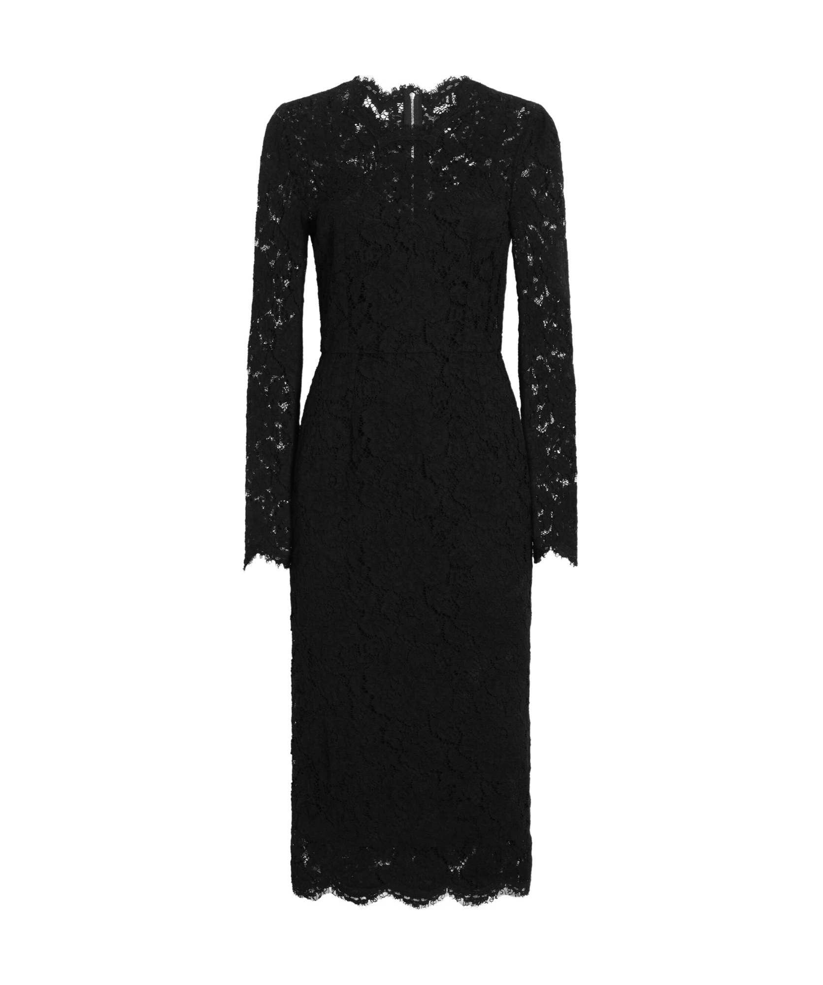 Dolce & Gabbana Long-sleeved Calf-length Dress In Branded Stretch Lace In Black