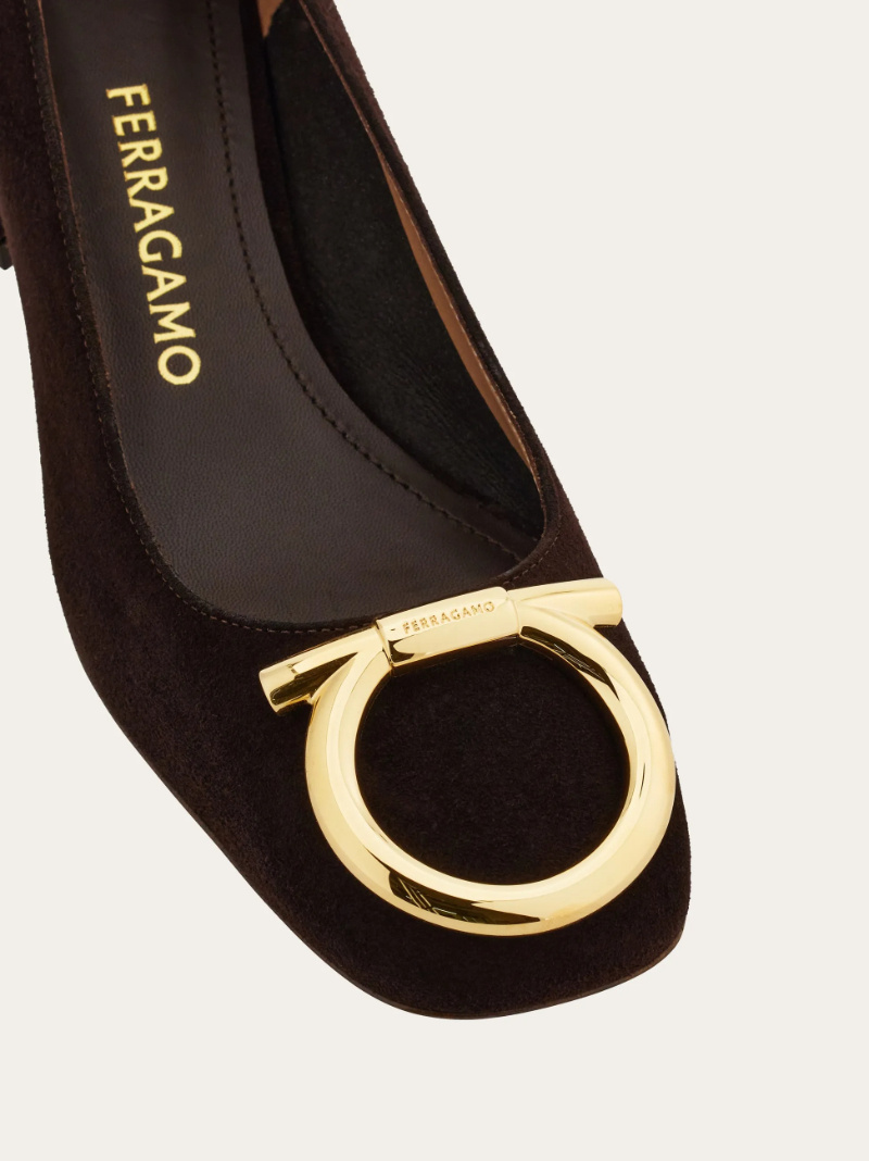 Ferragamo Mara Suede Gancini Block-heel Pumps In Green
