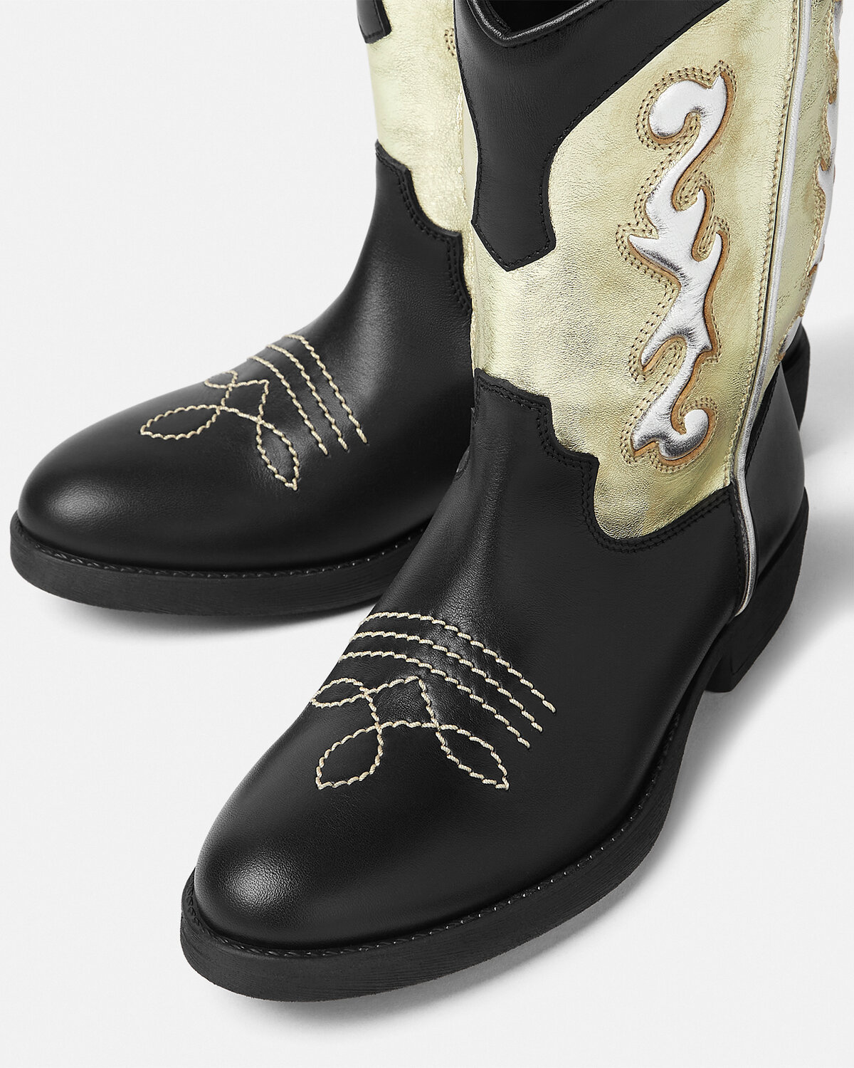 Versace Girl's Calf Leather Laminated Embroidered Boots, Kids In Black