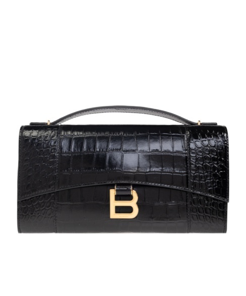 Balenciaga Hourglass Croc-effect Patent-leather Shoulder Bag In Black