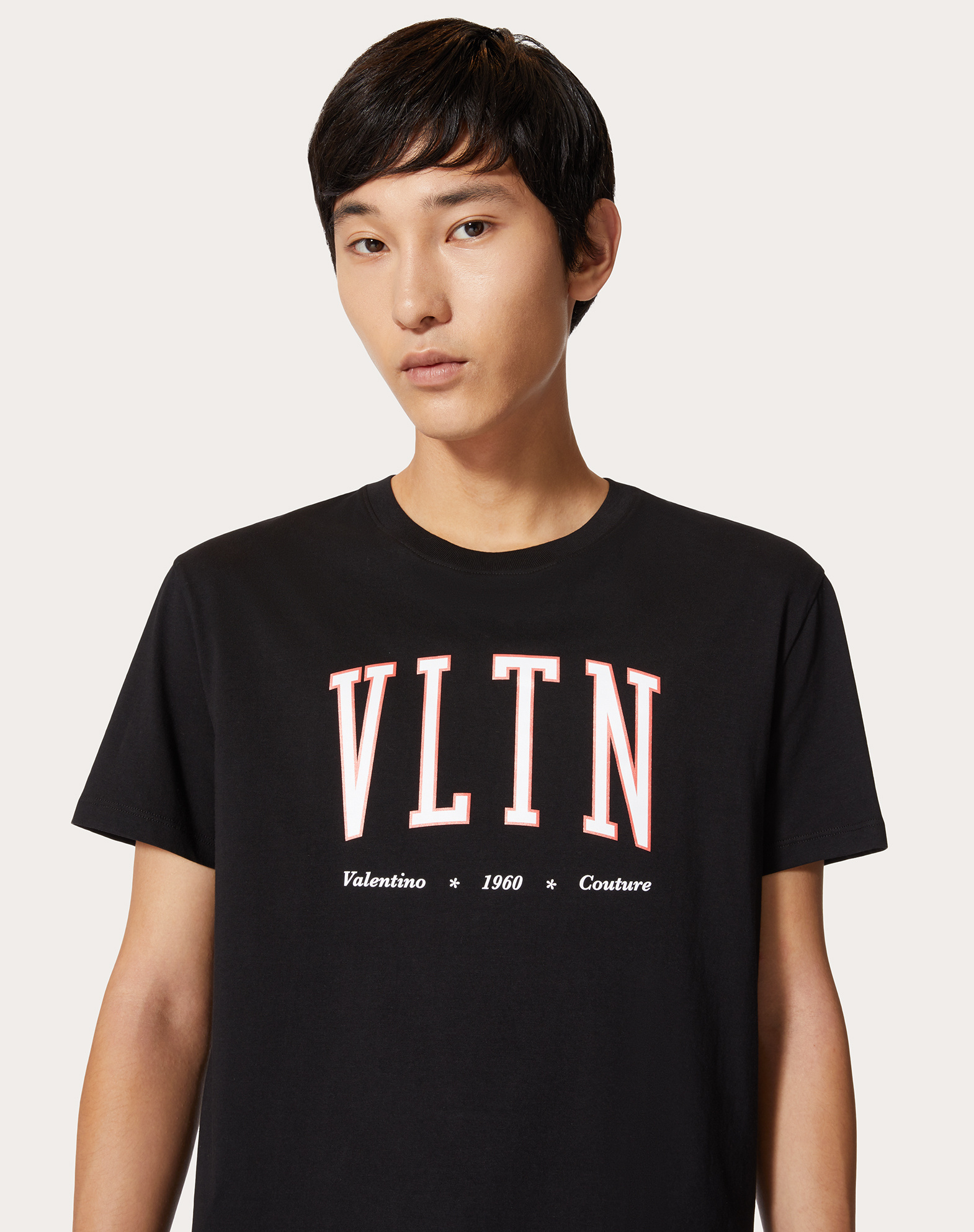 Valentino Cotton Crewneck T-shirt With Vltn Print In Black