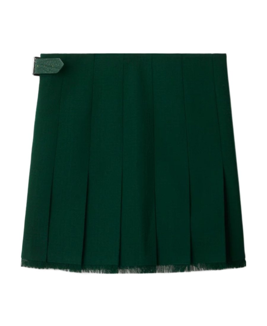 Shop Burberry Frayed-edge Wool Pleated Skirt In Green