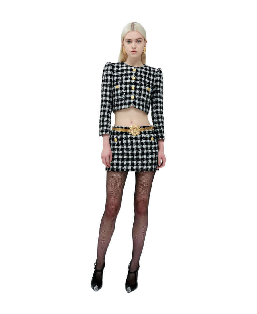 Alessandra Rich Vichy Cropped Tweed Jacket In Black
