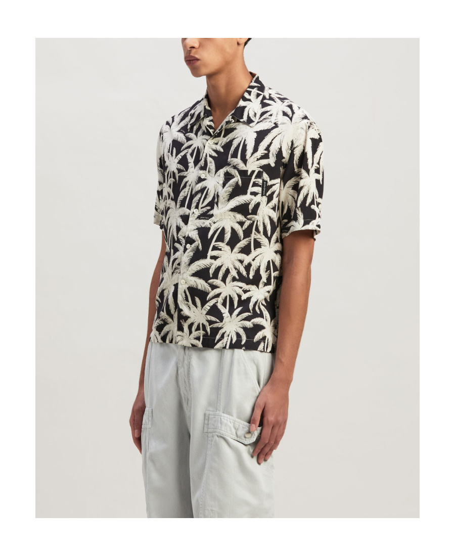 Palm Angels Black And White Short Sleeve Shirt With All-over Palm Print In Viscose In White