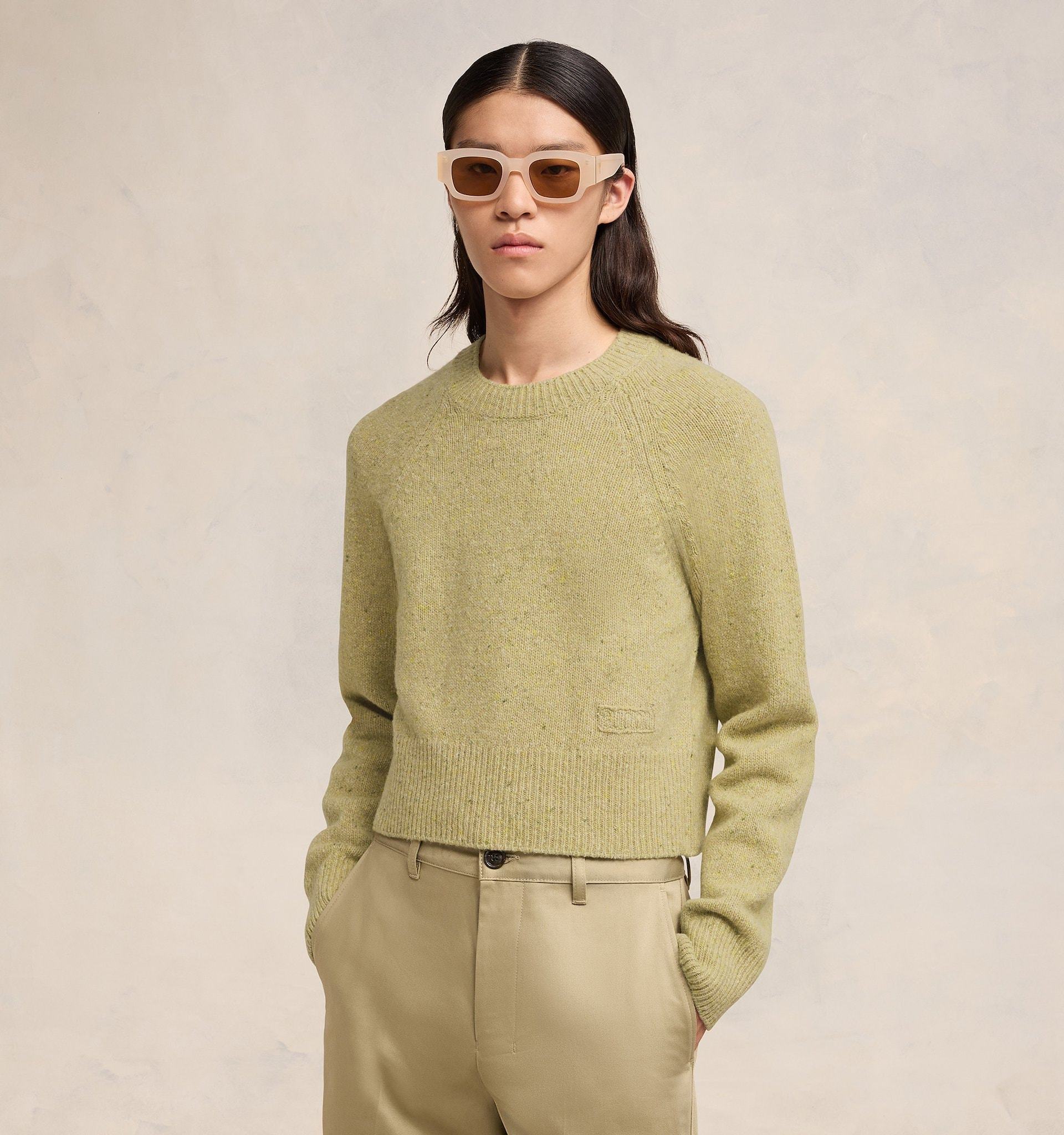 Shop Ami Alexandre Mattiussi Ami Embroidered Woolen Round Neck Sweater In Nude