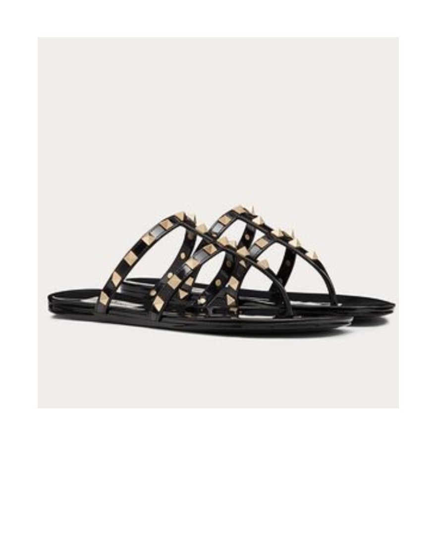Valentino Rockstud T-strap Flat Slide Sandals In Black