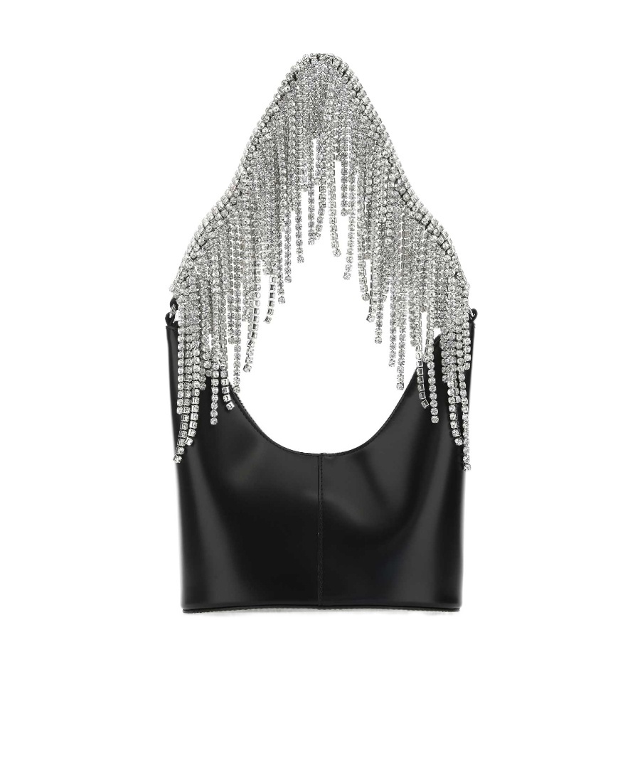 Kara Crystal-fringe Leather Shoulder Bag In Black