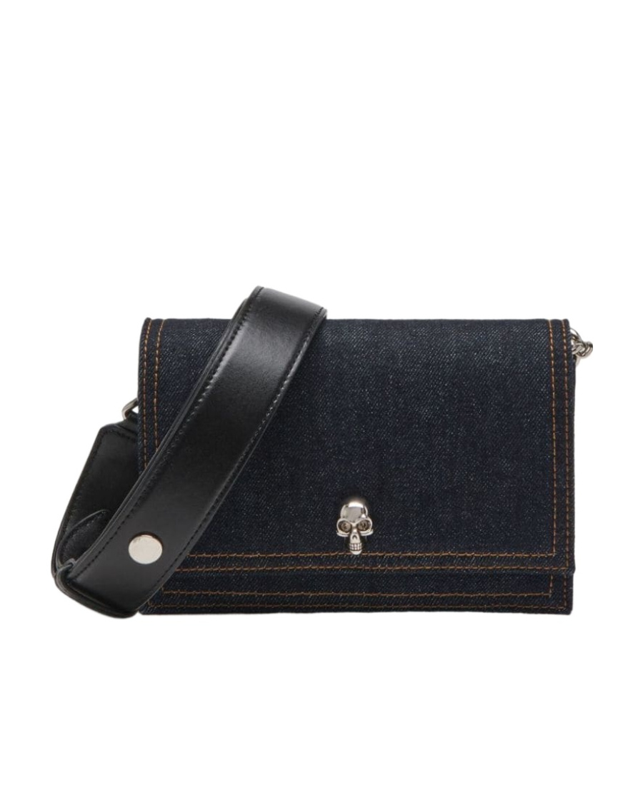 Alexander Mcqueen Small Skull Denim Shoulder Bag In Black