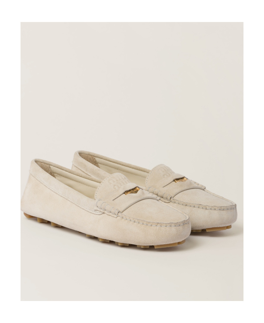Miu Miu Logo-embossed Suede Penny Loafers In Nude