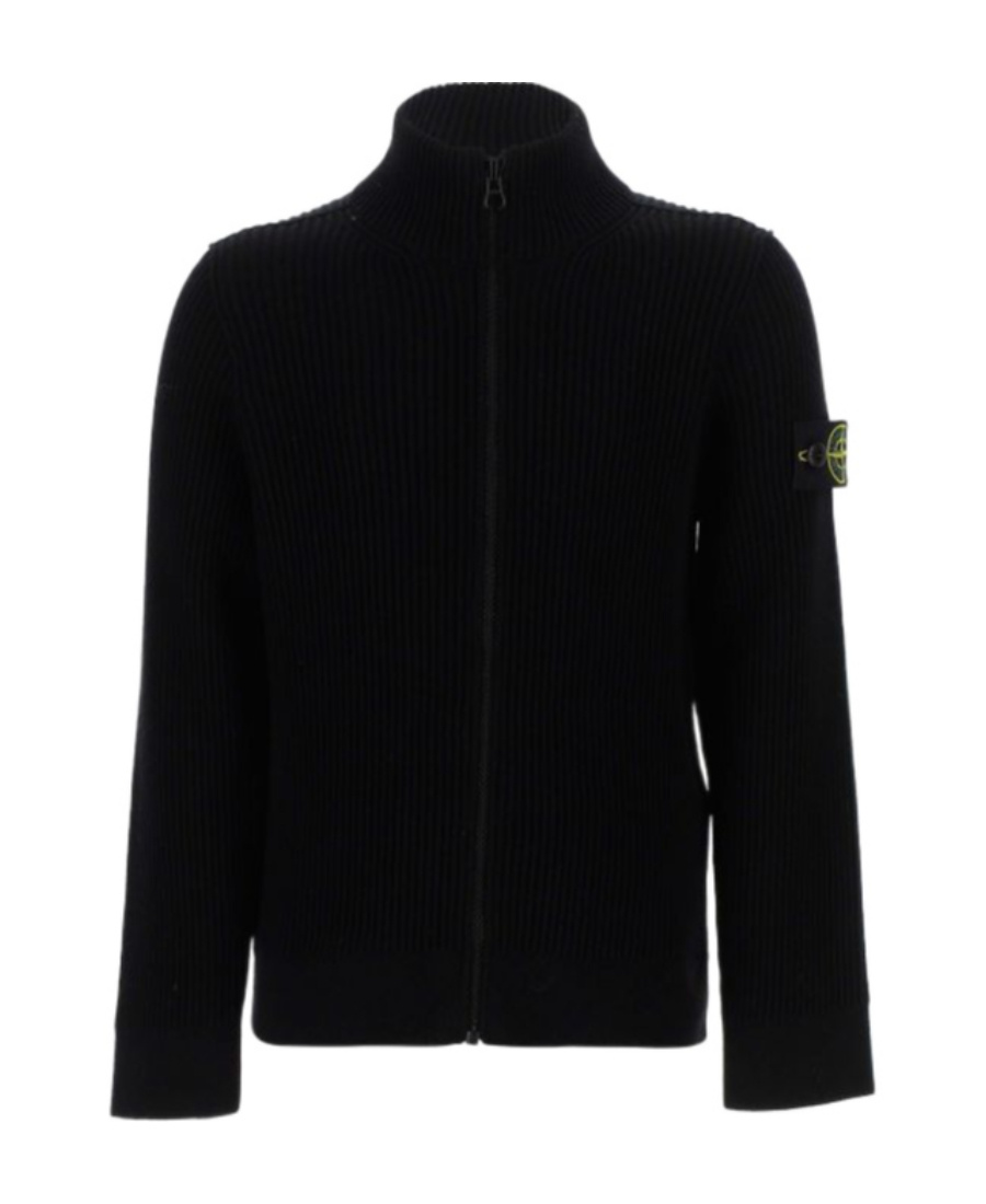 Stone Island Rib Knitted Zipper Cardigan In Black