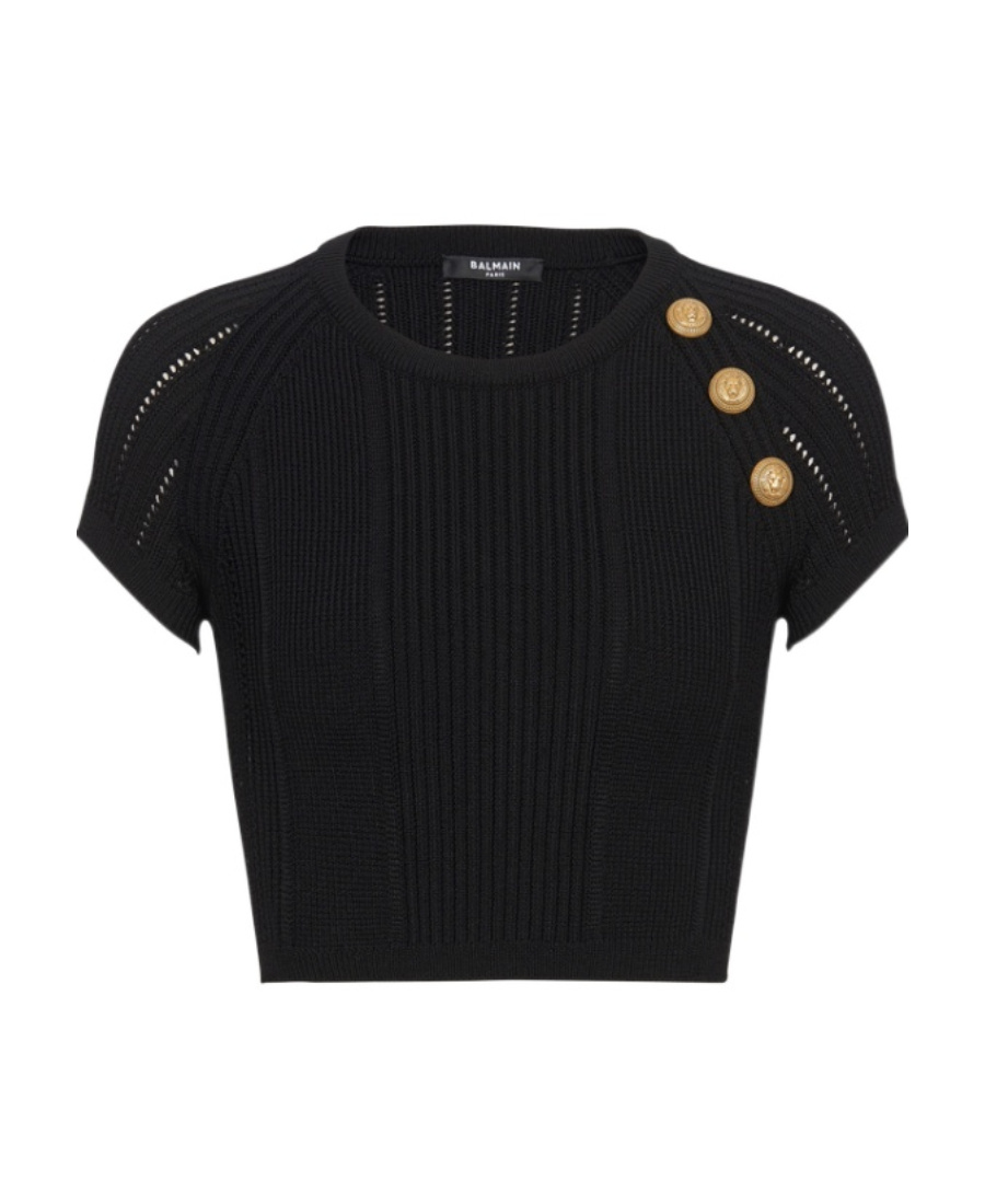 Balmain 3-button Fine Knitted T-shirt In Black