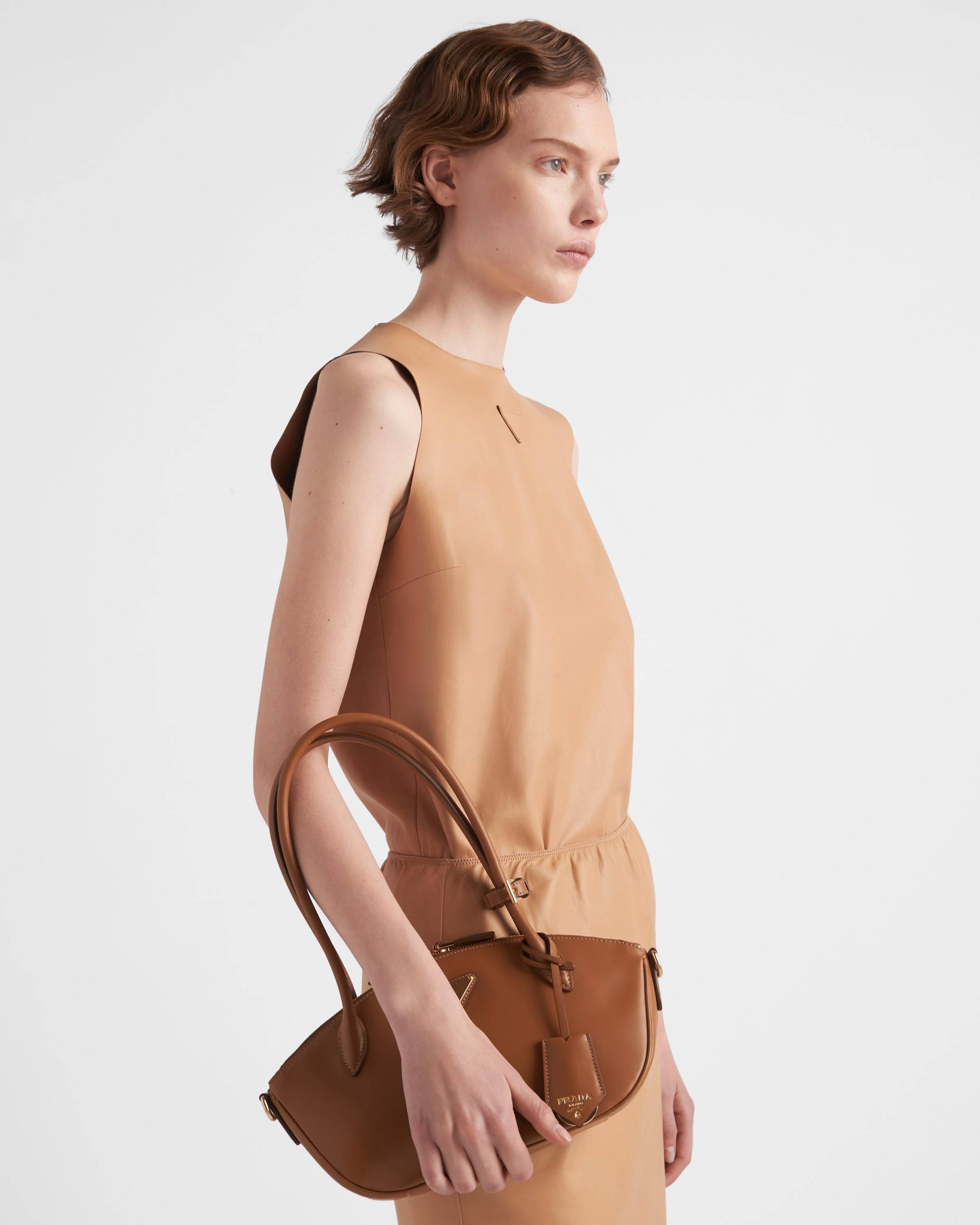 Prada Re-nylon And Leather Medium Top-handle Bag With Padlock In Brown