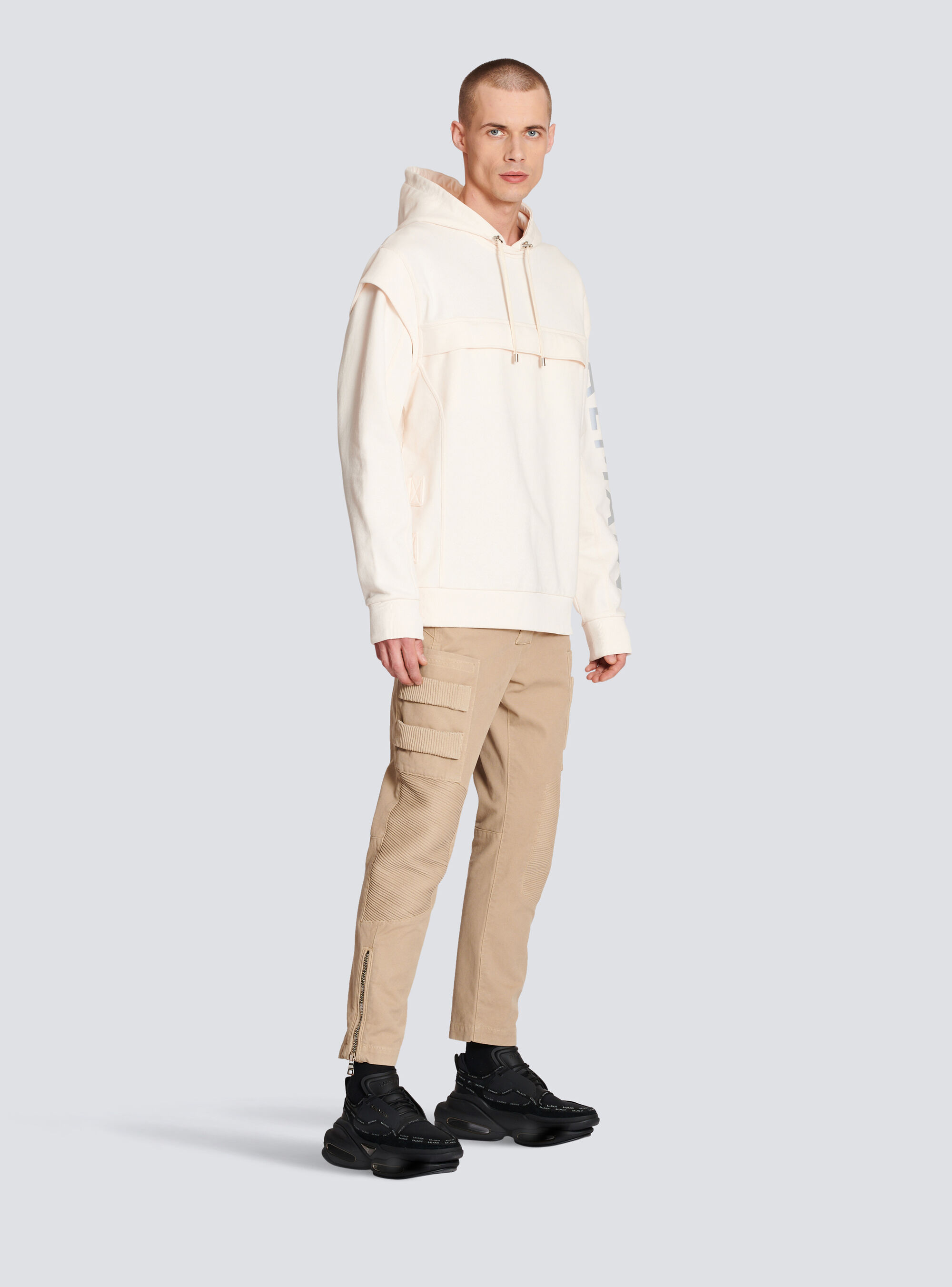 Shop Balmain Cotton Printed Logo Hoodie In White