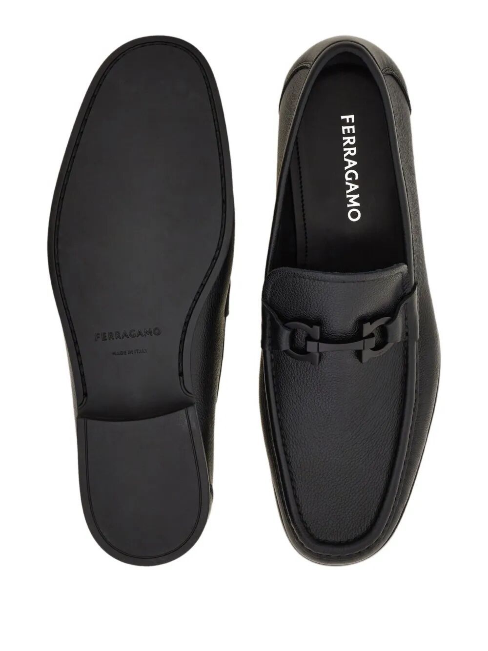 Ferragamo Gandioso Pebbled Moccasin With Gancini Ornament In Black Leather