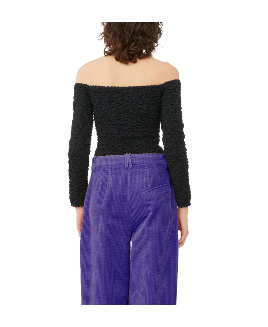 Ganni Off-shoulder Smock-effect Top In Black