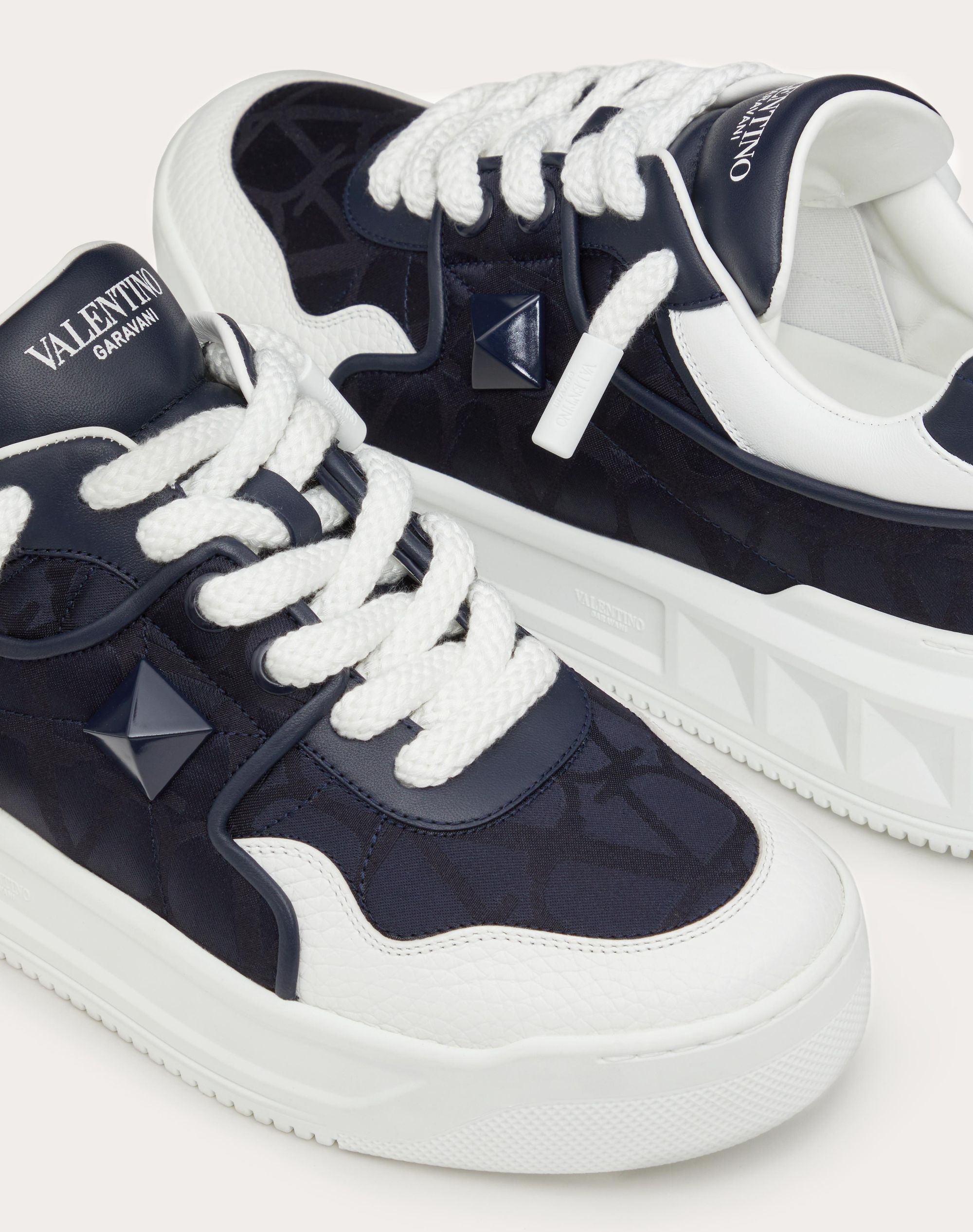 Valentino One Stud Xl Low-top Sneaker In Nappa Leather And Jacquard Toile Iconographe Technical Fabric In White