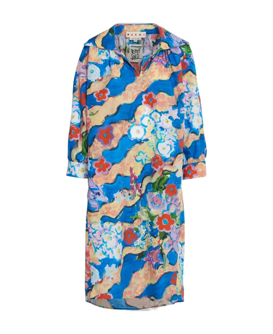 Marni Graphic-print Cotton Shirtdress In Blue