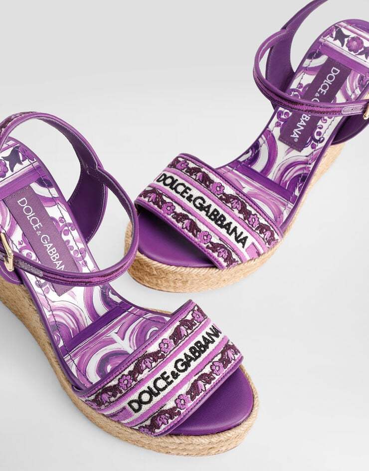 Dolce & Gabbana Violet Wedges With Logo Embroidery On The Front And All-over Majolica Motif In Cotton Blend Woman In Purple