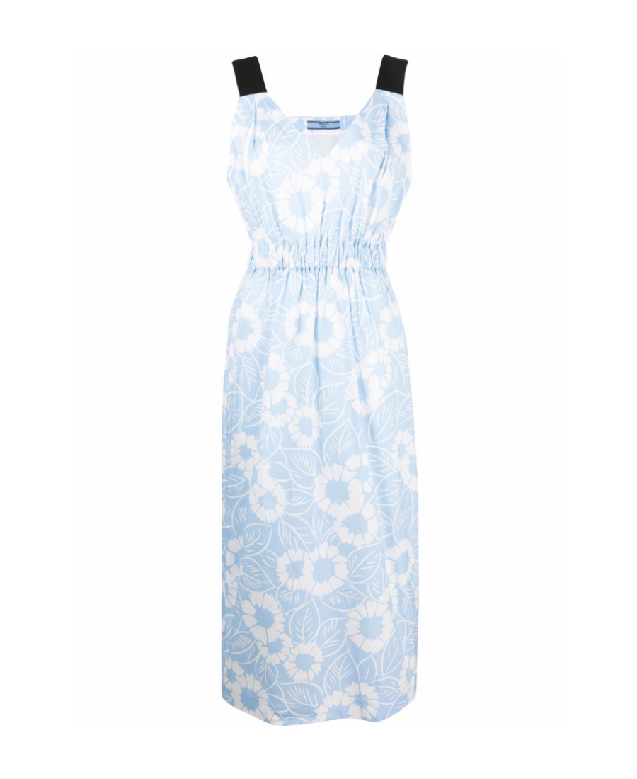 Prada Floral-print Off-shoulder Cotton Dress In Blue