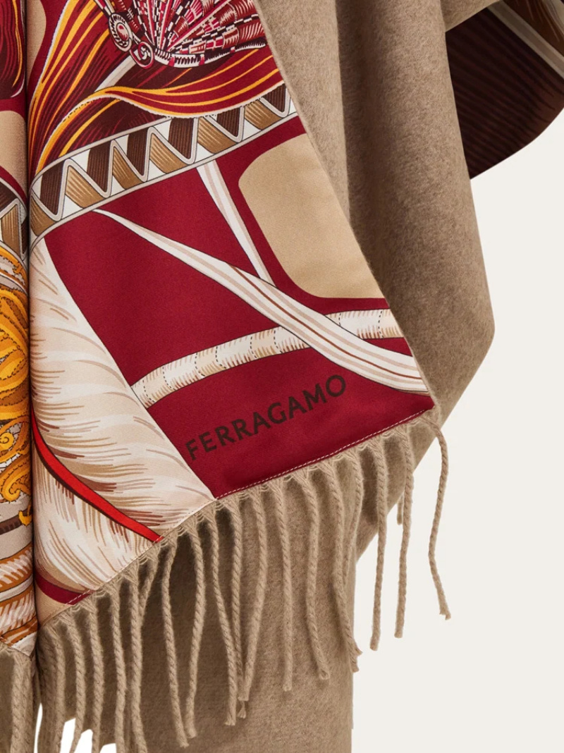 Ferragamo Cashmere And Giada Print Silk Reversible Cape In Brown