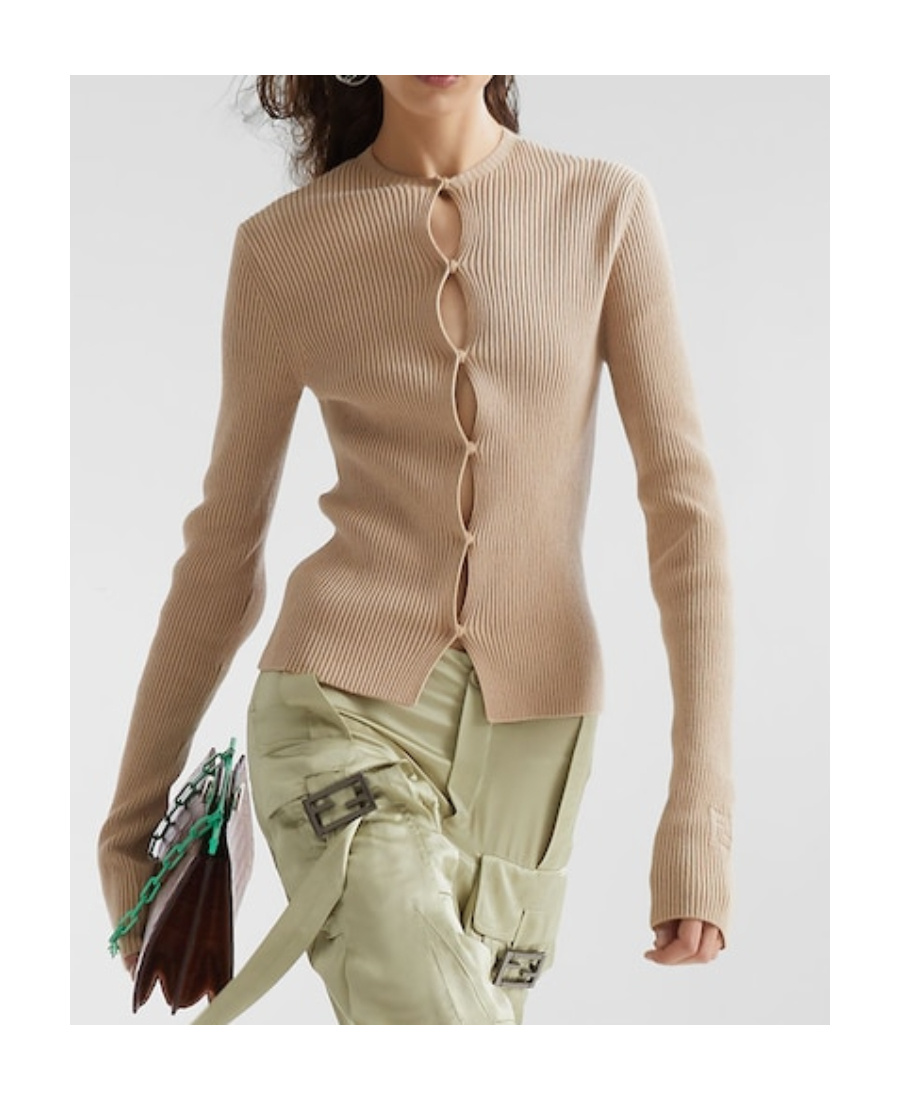 Fendi Ribbed Cardigan With Cut-outs In Nude