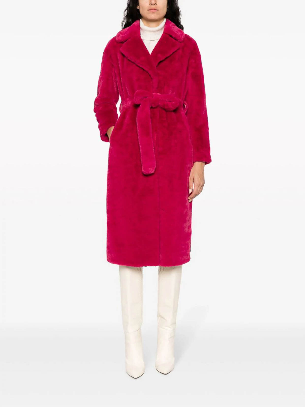 Herno Notched-collar Faux-shearling Coat In Red