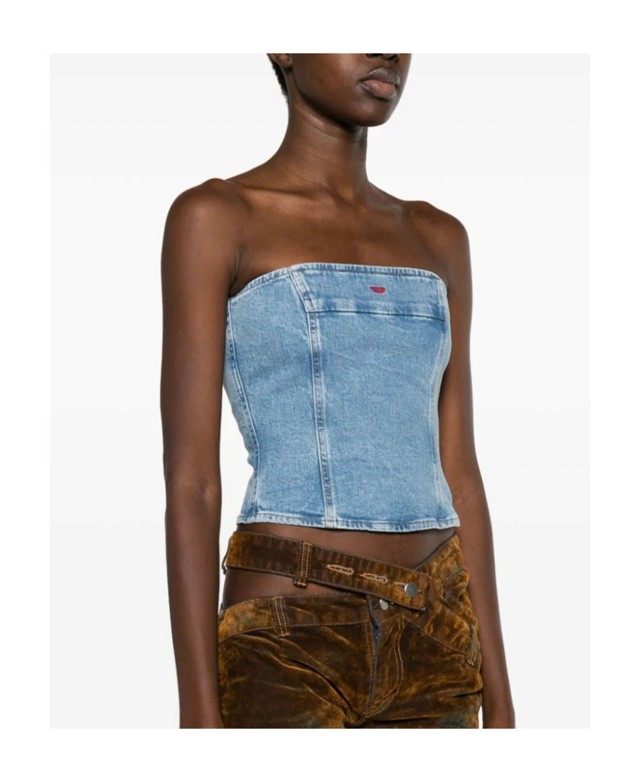 Diesel De-ville Strapless Denim Crop Top In Blue