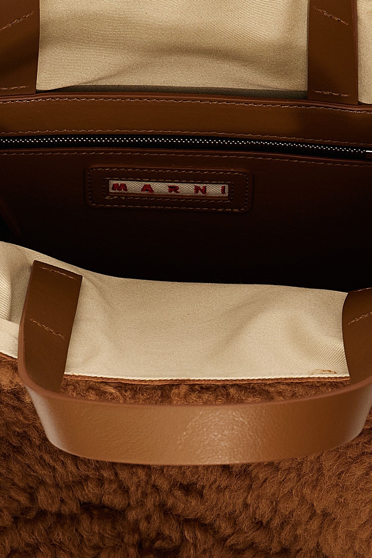 Marni Logo-patch Shearling Tote Bag In Brown
