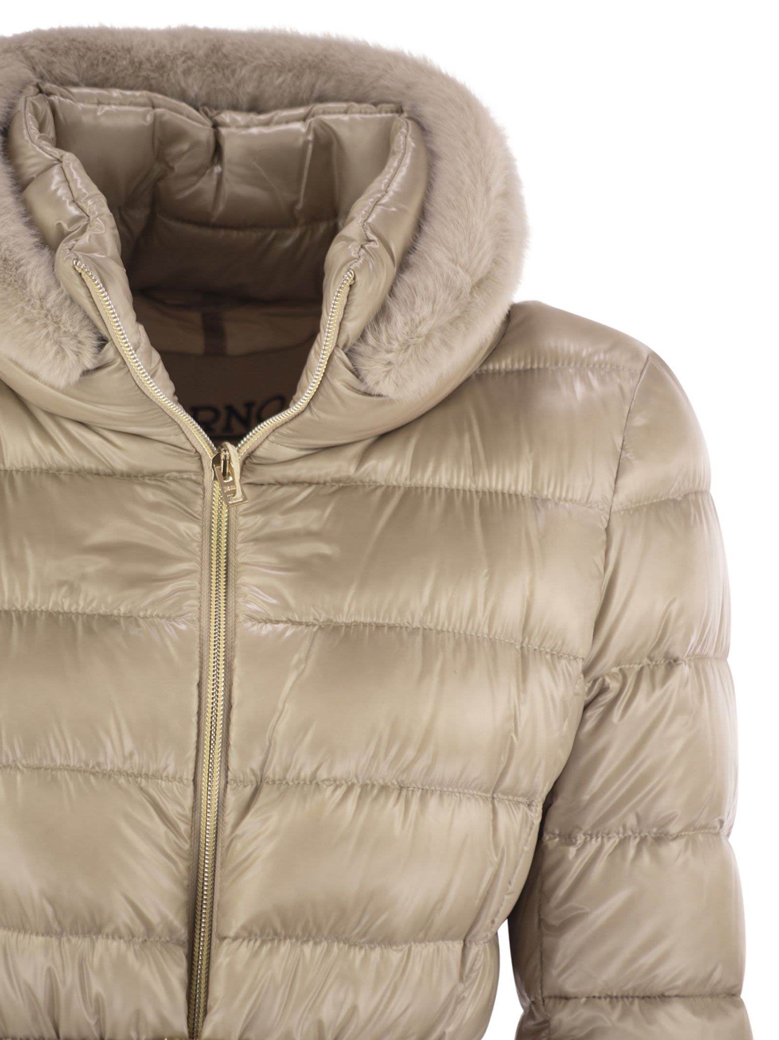 Herno Padded Quilted Down Jacket With Fur Trim In Neutral