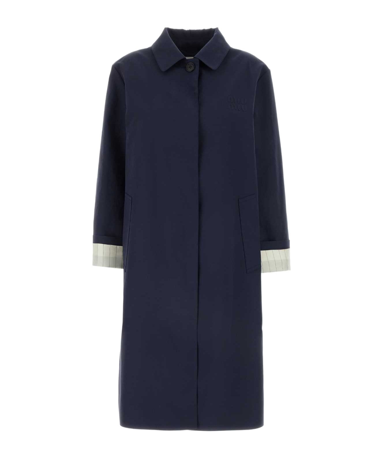 Miu Miu Collared Cotton Trench Coat With Side Pockets In Midnight Blue