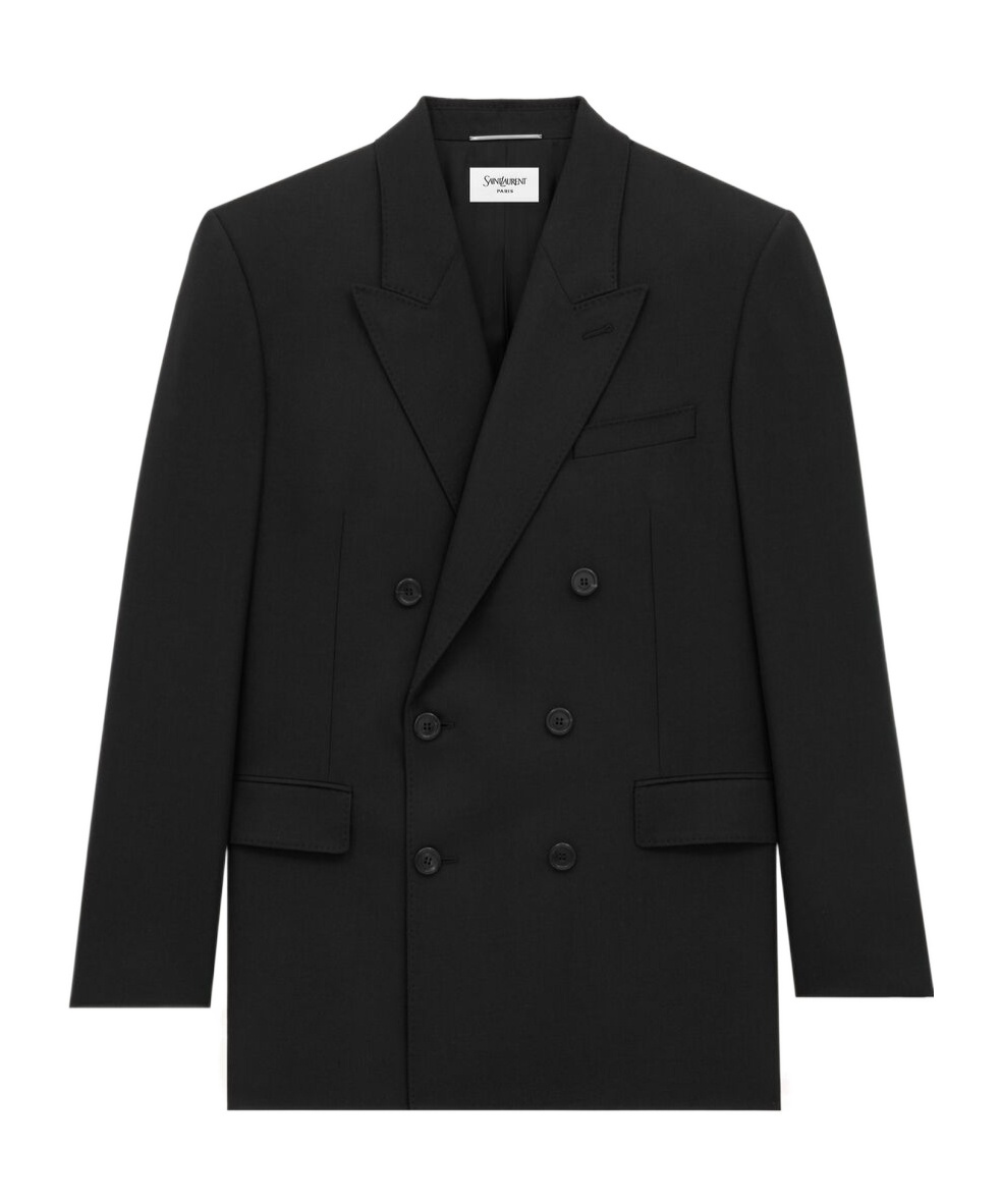 Saint Laurent Long-sleeved Wool Suit Coat In Black