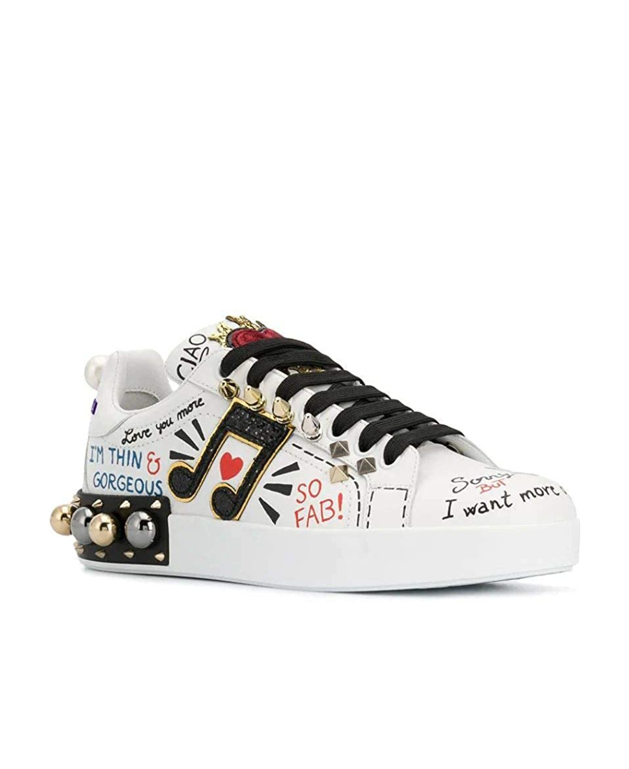 Dolce & Gabbana Music Printed Leather Sneakers With Patch In White