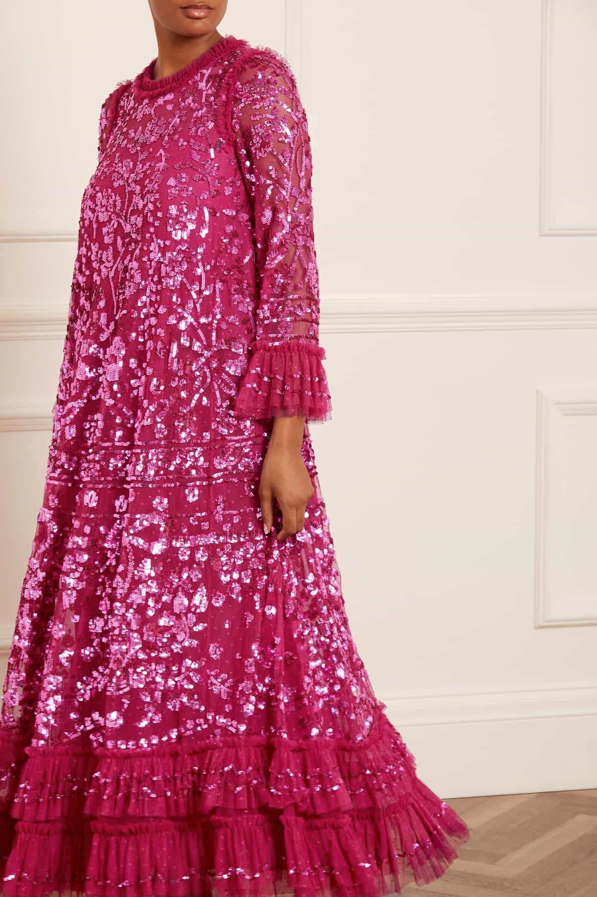 Needle & Thread Sequinned Ruffled Maxi Dress In Pink