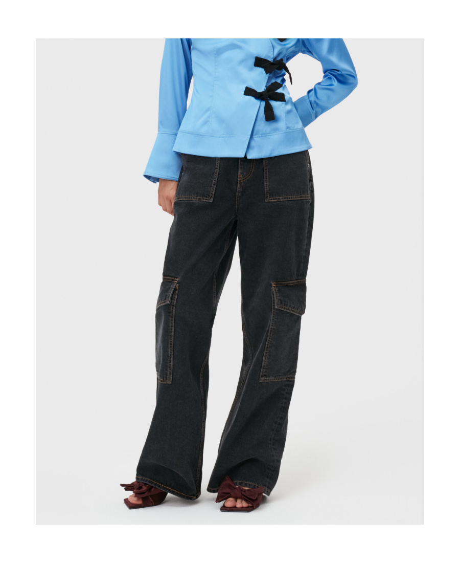 Ganni Wide-leg Cargo Jeans In Black