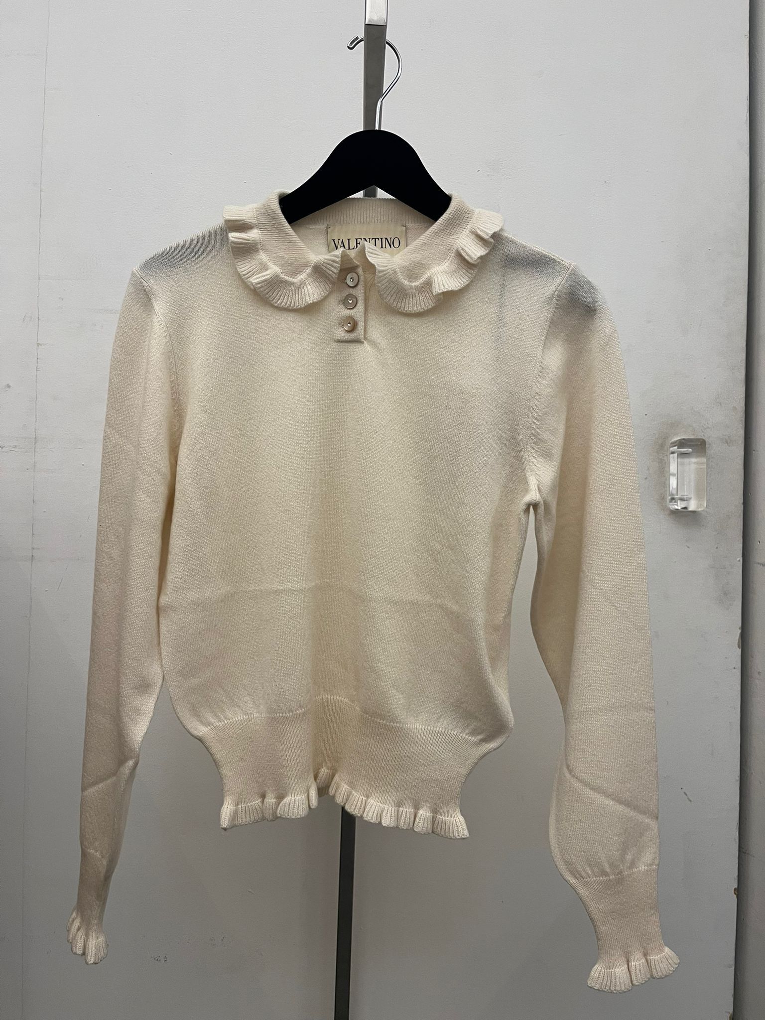 Valentino Ruffled-collar Cashmere Polo Top In White