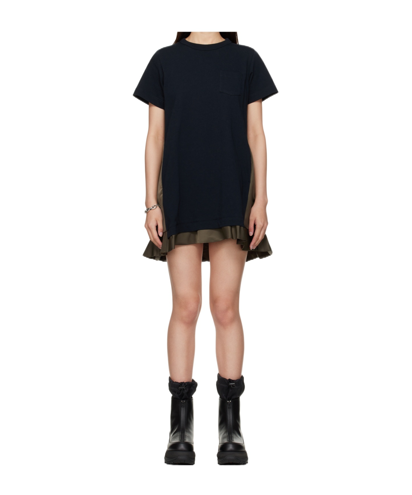 Sacai Womens Navy Khaki Pleated-contrast Short-sleeves Cotton-jersey Mini Dress In Multi