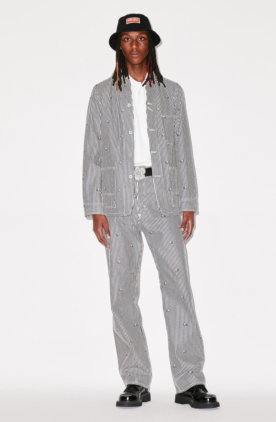 Kenzo Rinse Striped Workwear Denim Jacket In Gray