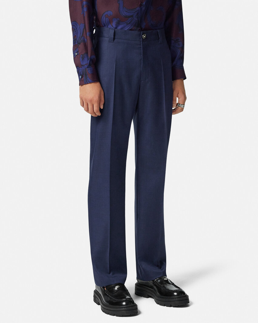 Versace Wool Tailored Trousers In Blue