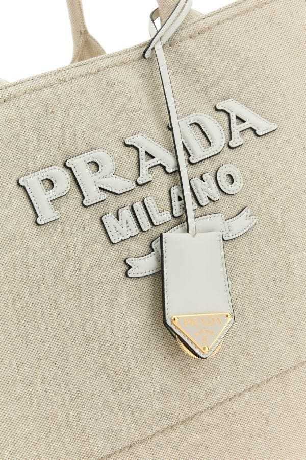 Prada Large Logo-appliqué Tote Bag In Tan / White