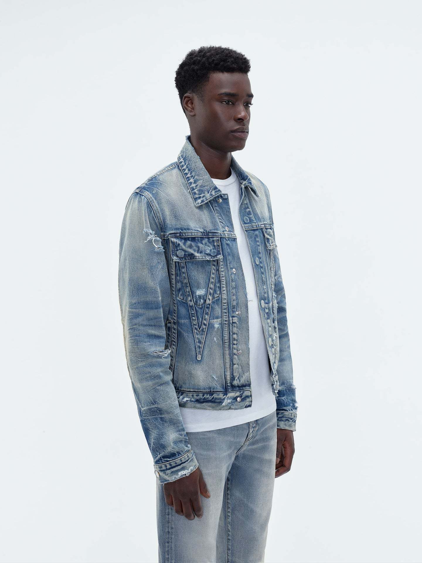 Amiri Ma Distressed Denim Trucker Jacket In Blue