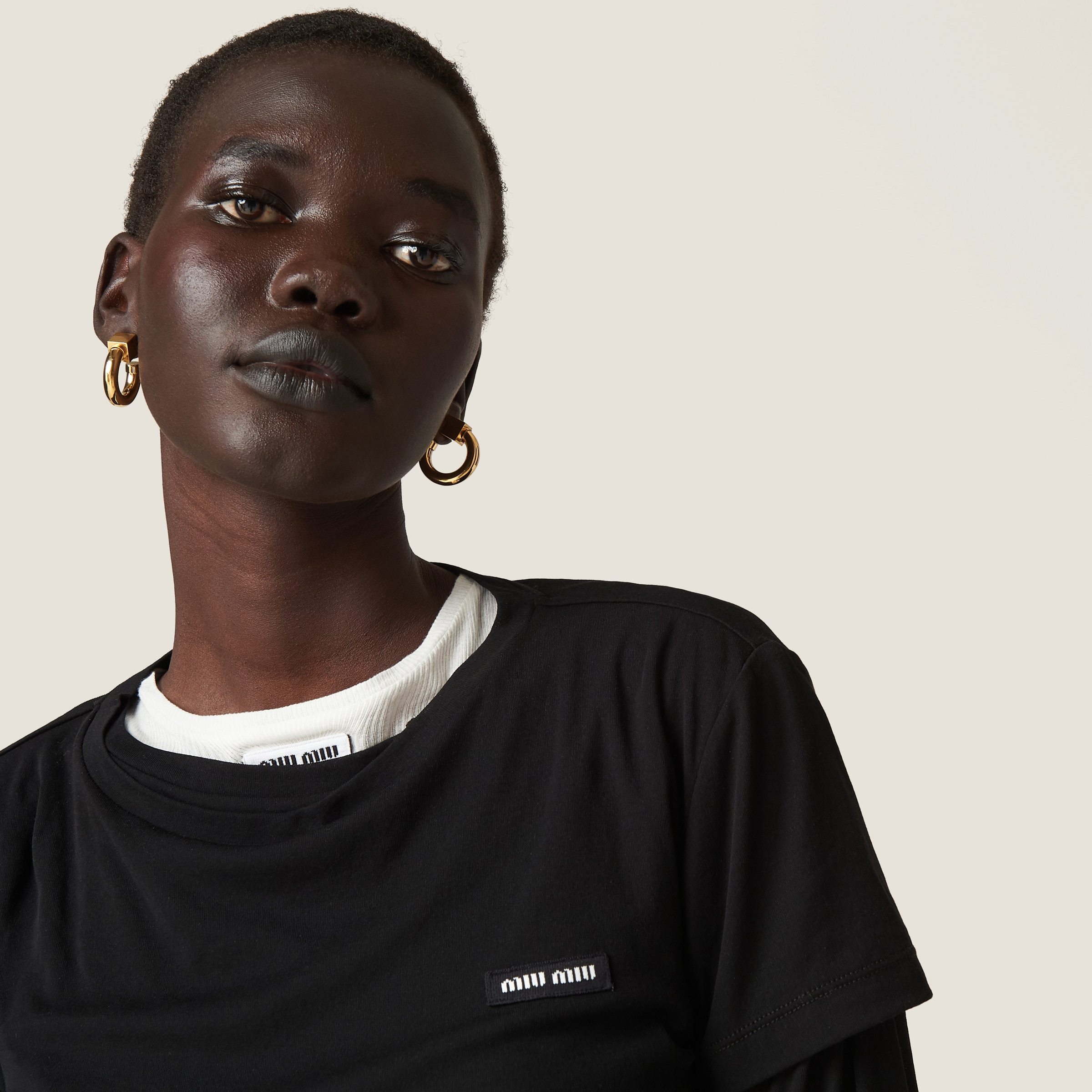 Miu Miu Cotton T Shirt Crew Neck Cropped Sheer In Black